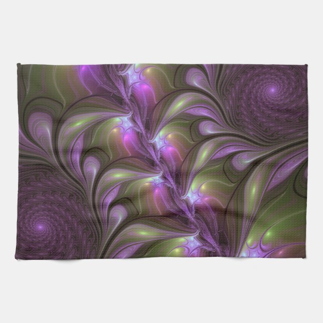 Colourful Abstract Violet Purple Khaki Fractal Art Kitchen Towel (Horizontal)