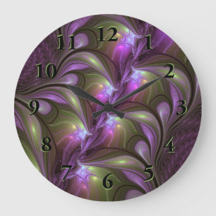 Colourful Abstract Violet Purple Khaki Fractal Art Large Clock