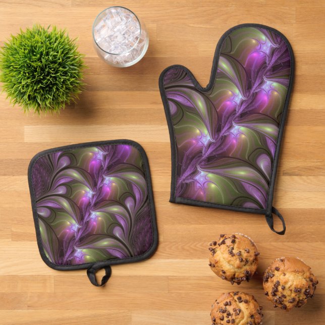 Colourful Abstract Violet Purple Khaki Fractal Art Oven Mitt & Pot Holder Set (Top Down)