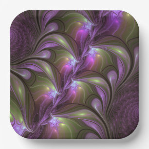 Colourful Abstract Violet Purple Khaki Fractal Art Paper Plate
