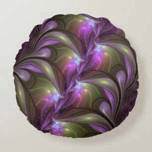 Colourful Abstract Violet Purple Khaki Fractal Art Round Pillow