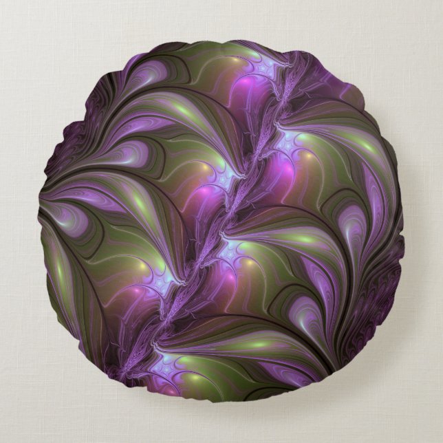 Colourful Abstract Violet Purple Khaki Fractal Art Round Pillow (Front)