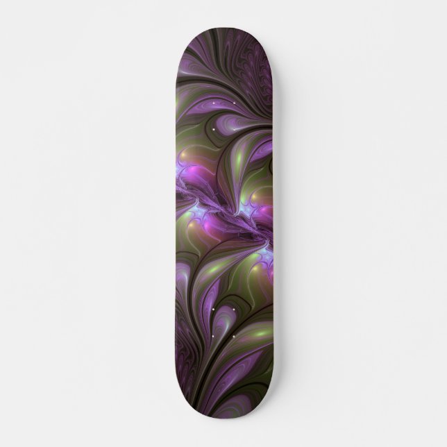 Colourful Abstract Violet Purple Khaki Fractal Art Skateboard (Front)