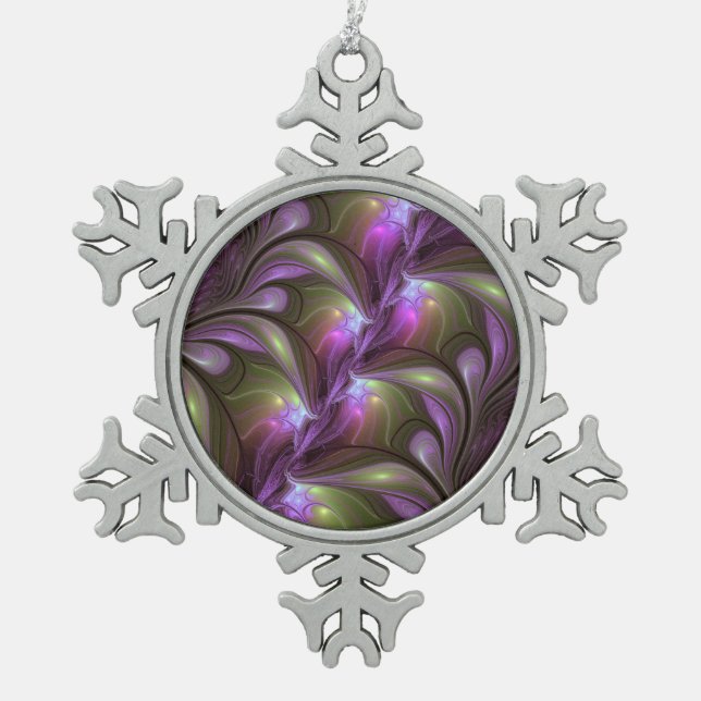 Colourful Abstract Violet Purple Khaki Fractal Art Snowflake Pewter Christmas Ornament (Front)