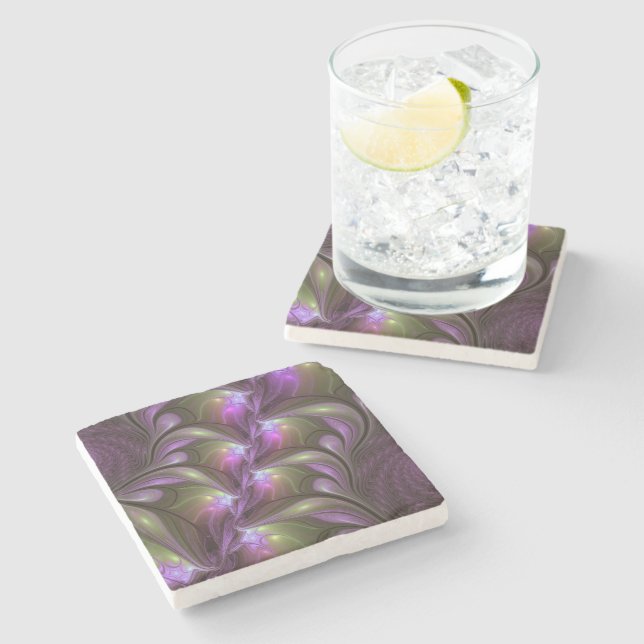 Colourful Abstract Violet Purple Khaki Fractal Art Stone Coaster (Side)