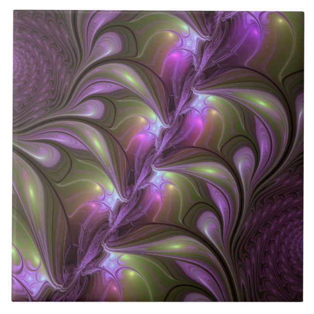 Colourful Abstract Violet Purple Khaki Fractal Art Tile (Front)