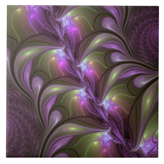 Colourful Abstract Violet Purple Khaki Fractal Art Tile (Front)
