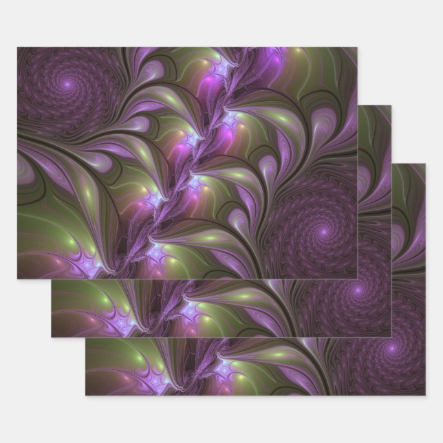 Colourful Abstract Violet Purple Khaki Fractal Art Wrapping Paper Sheet (Set)