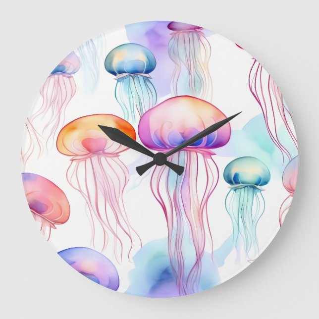 Colourful abstract watercolor jellyfish large clock (Front)