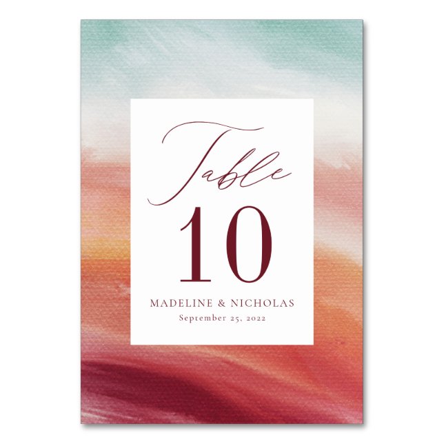 Colourful Abstract Watercolor Wedding Table Number (Front)