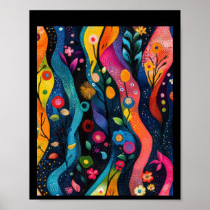 Colourful Abstract Waves With Flowers And Plants. Poster