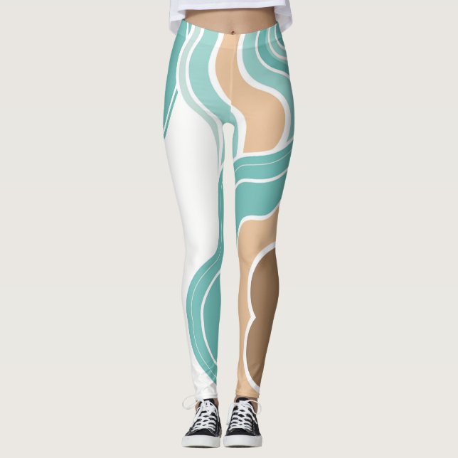 Colourful abstract wavy blue orange brown leggings (Front)