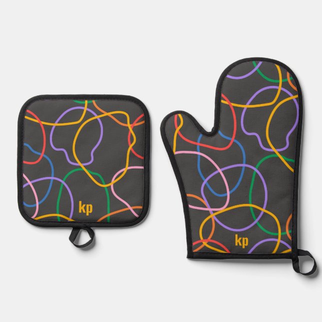 Colourful Abstract Wavy Lines Pattern Oven Mitt & Pot Holder Set (Front)