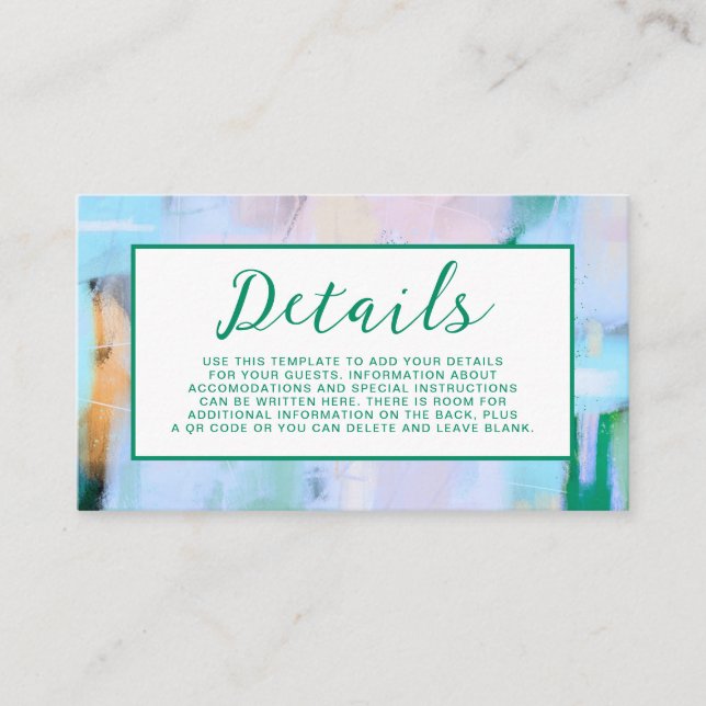 Colourful Abstract Wedding Details Card Green Blue (Front)