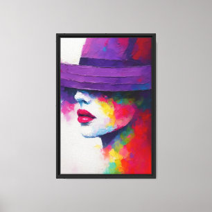 Colourful Abstract Woman Face with Purple Hat Canvas Print