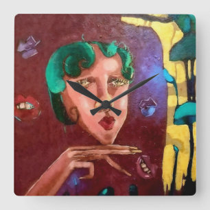 Colourful Abstract Woman Portrait – Oil Painting  Square Wall Clock