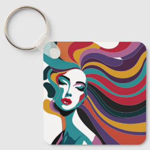Colourful Abstract Woman with Flowing Hair Art Keychain