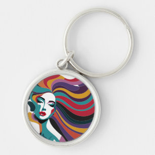 Colourful Abstract Woman with Flowing Hair Art Keychain