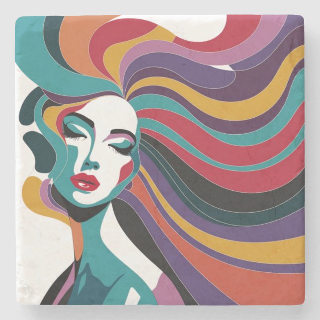Colourful Abstract Woman with Flowing Hair Art Stone Coaster (Front)