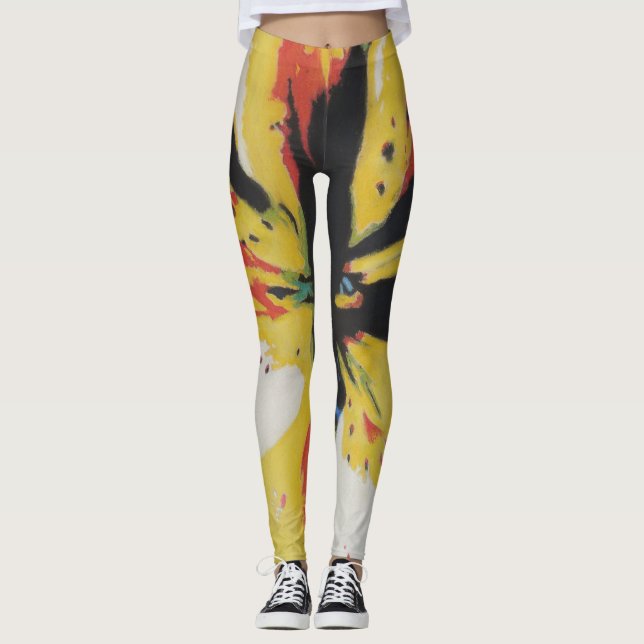 colourful abstract yellow and black contempory leggings (Front)