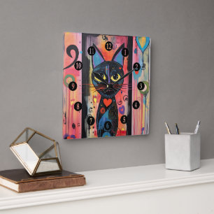 Colourful Abstract Yellow Eyed Cat Square Wall Clock