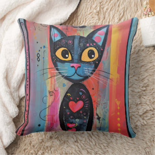 Colourful Abstract Yellow Eyed Cat Throw Pillow