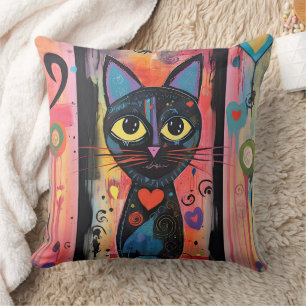 Colourful Abstract Yellow Eyed Cat Throw Pillow