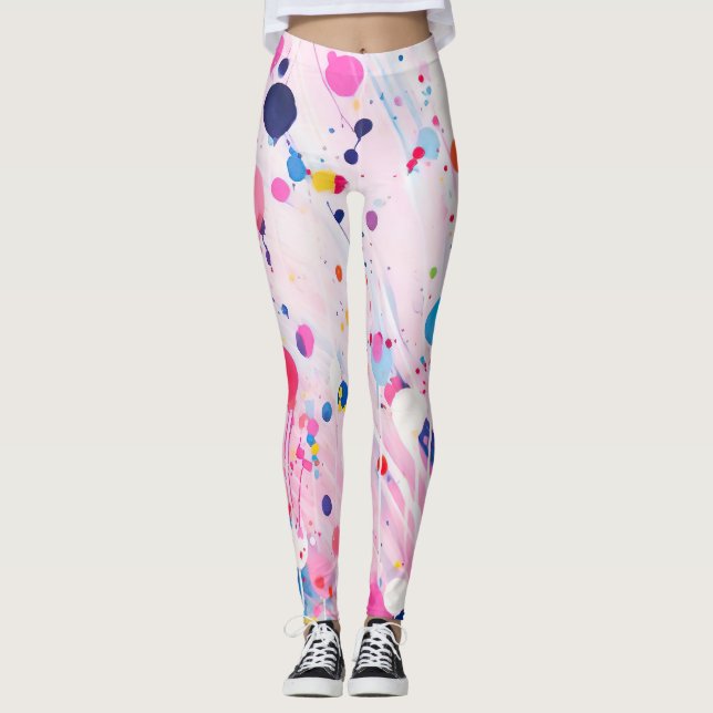 colourful acryl painting dots on light pink ground leggings (Front)