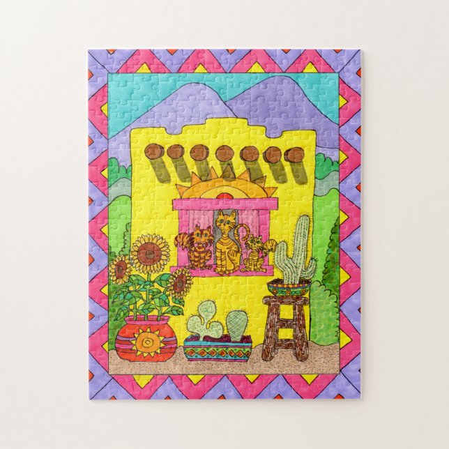 Colourful Adobe House Cute Cats Mexican Folk Art Jigsaw Puzzle (Vertical)