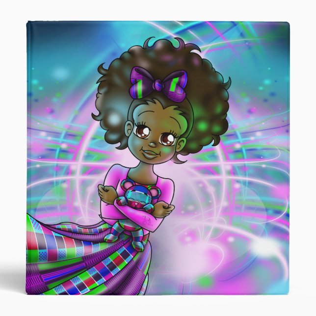Colourful African American Girl with Teddy Bear Binder (Front)