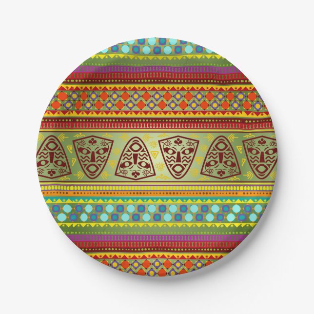Colourful African Masks Stripe Kente Pattern Paper Plate (Front)