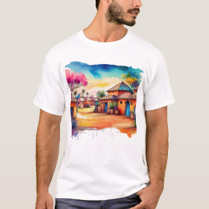 Colourful African Village Watercolour Painting T-Shirt