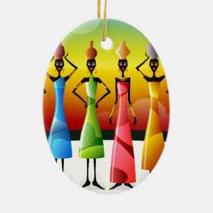 Colourful African Women with Vessels Ceramic Ornament