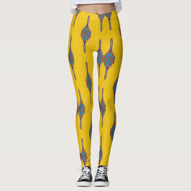 Colourful African yoga Yellow and blue pattern Leggings (Front)