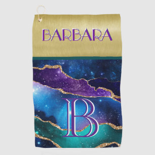 Colourful Agate Gold Monogram Name Golf Towel
