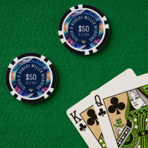 Colourful agate texture white on blue text wedding poker chips