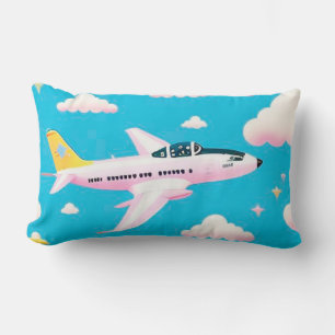 Colourful Airplane Flying Among Cartoon Clouds Lumbar Pillow