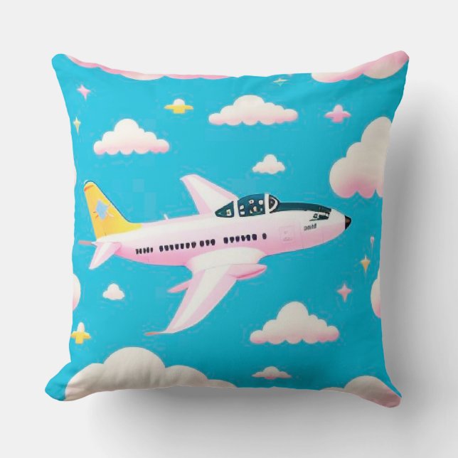 Colourful Airplane Flying Among Cartoon Clouds Throw Pillow (Front)