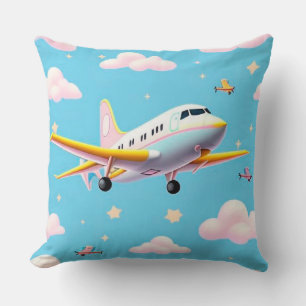 Colourful Airplane Flying Among Cartoon Clouds Throw Pillow