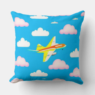 Colourful Airplane Flying Among Cartoon Clouds Throw Pillow