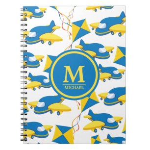 Colourful Airplanes and Kites Kids Pattern Monogra Notebook