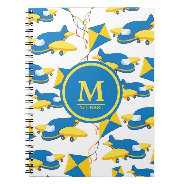 Colourful Airplanes and Kites Kids Pattern Monogra Notebook (Front)