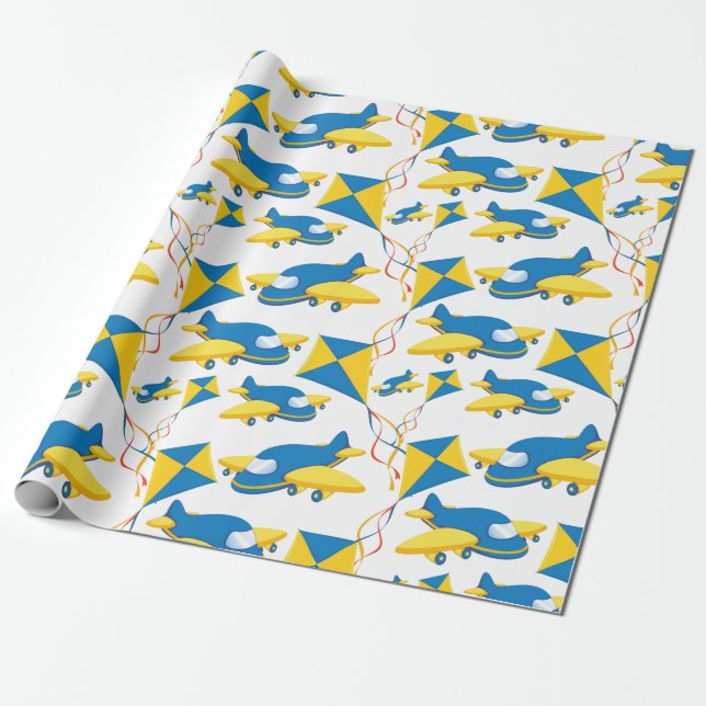 Colourful Airplanes and Kites Kids Pattern Wrapping Paper (Unrolled)
