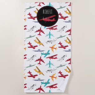 Colourful Airplanes Pattern Custom Name Beach Towel