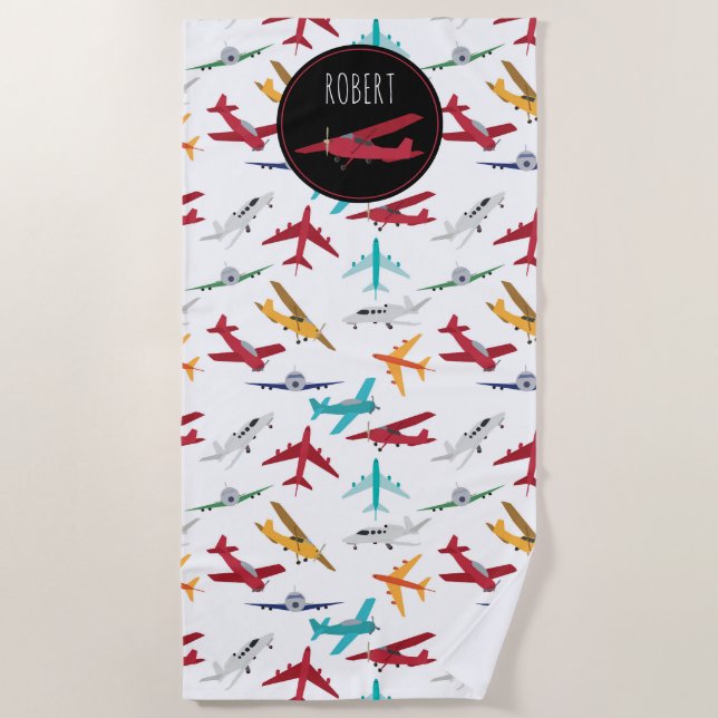 Colourful Airplanes Pattern Custom Name Beach Towel (Front)