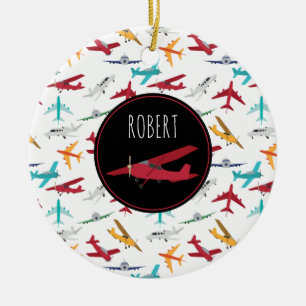 Colourful Airplanes Pattern Custom Name Ceramic Ornament