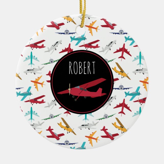 Colourful Airplanes Pattern Custom Name Ceramic Ornament (Front)
