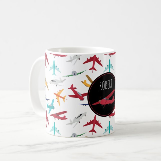 Colourful Airplanes Pattern Custom Name Coffee Mug (Front Left)