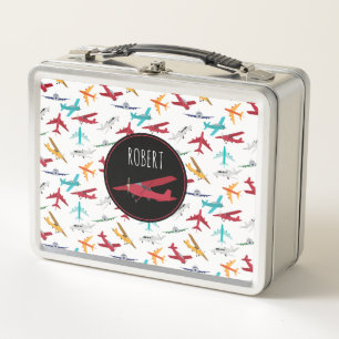 Colourful Airplanes Pattern Custom Name Metal Lunch Box
