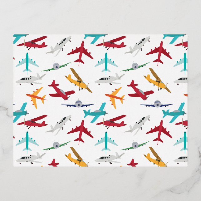 Colourful Airplanes Pattern Foil Holiday Postcard (Front)